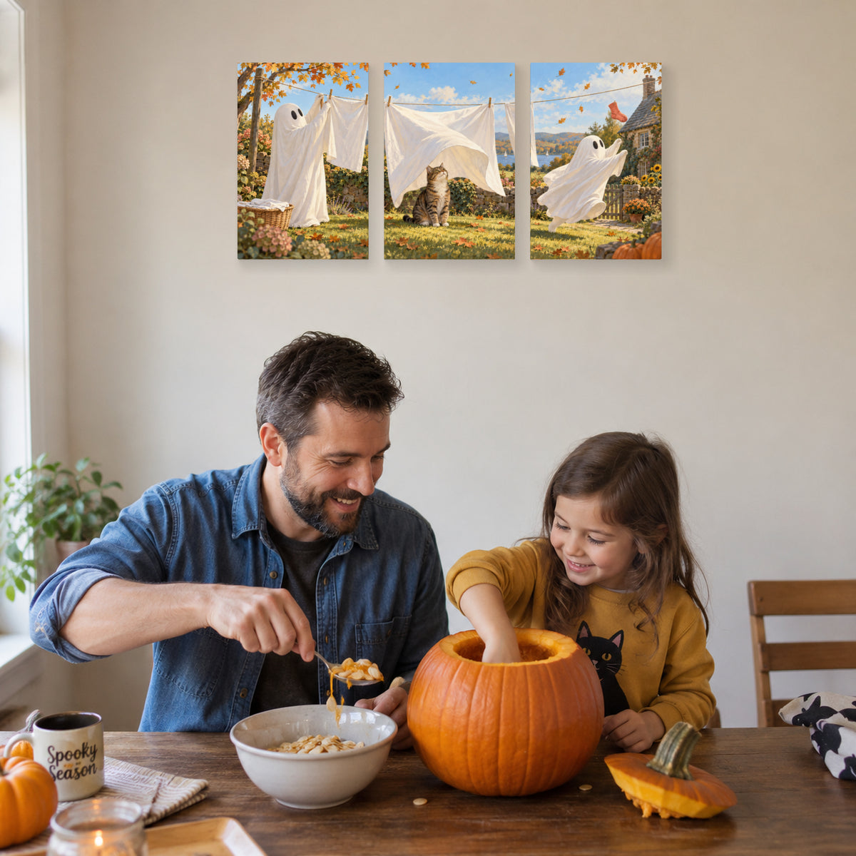 Ghost Laundry Day canvas prints during family pumpkin carving