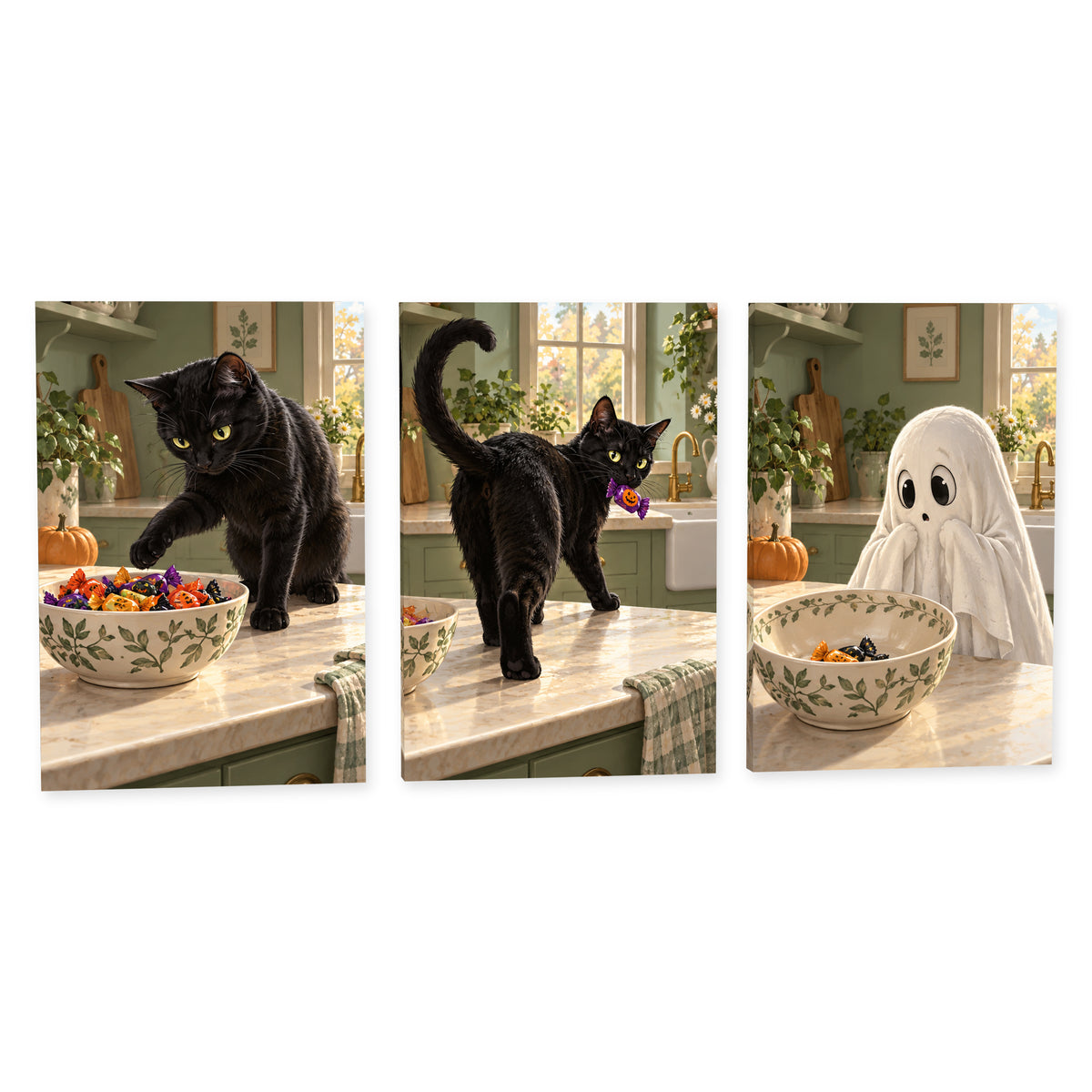 Black Cat Candy Thief — Halloween Canvas Wall Art Set of 3 — Complete canvas print on a white background — image 01
