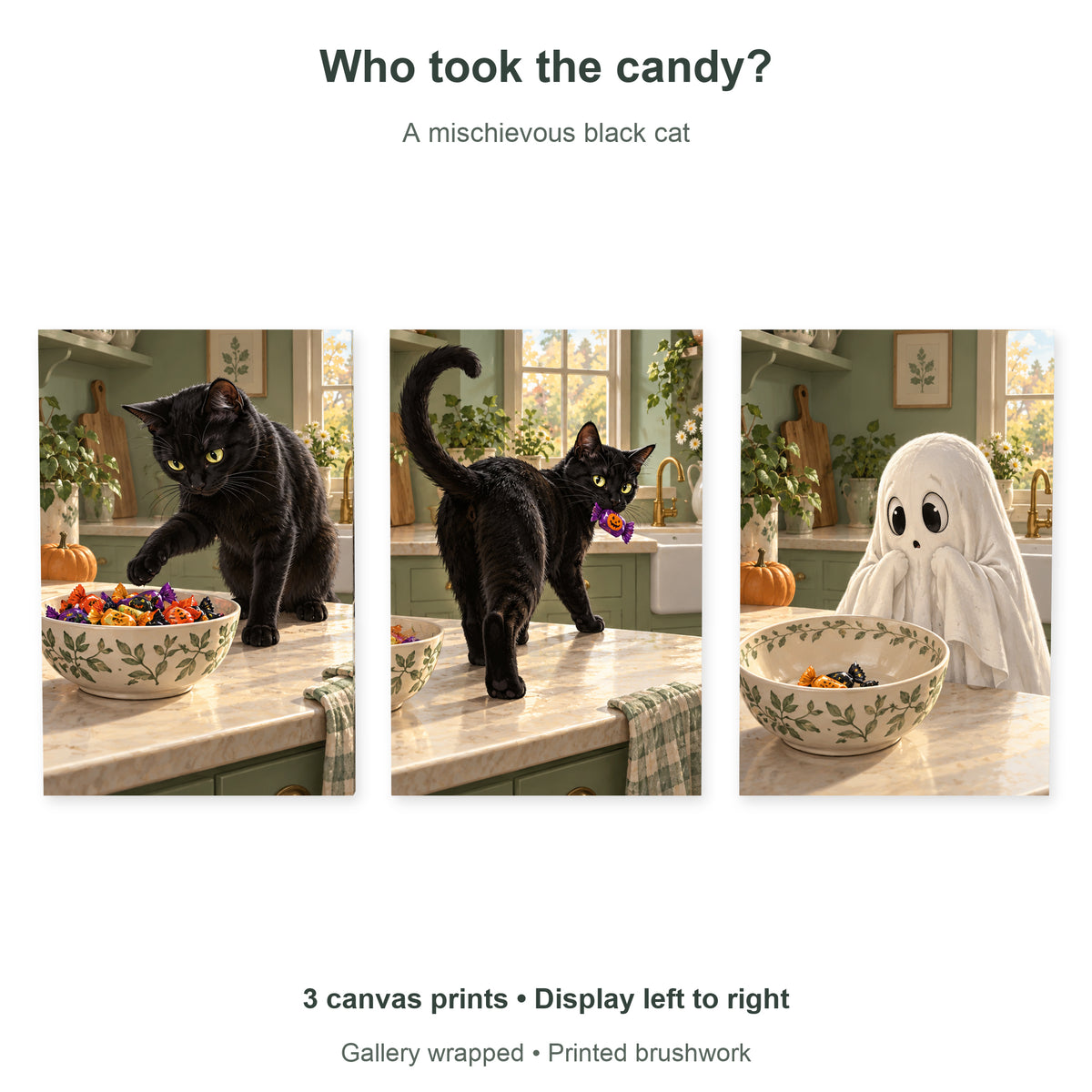 Black Cat Candy Thief — Halloween Canvas Wall Art Set of 3 — Artwork theme and included panel arrangement — image 09