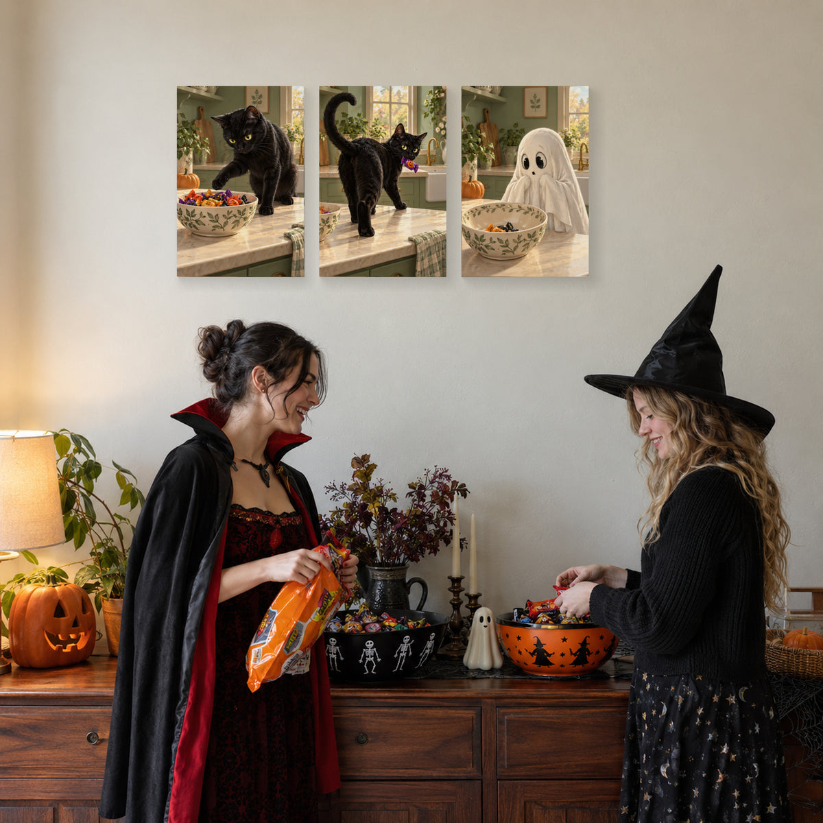 Black Cat Candy Thief canvas prints during Halloween party preparations