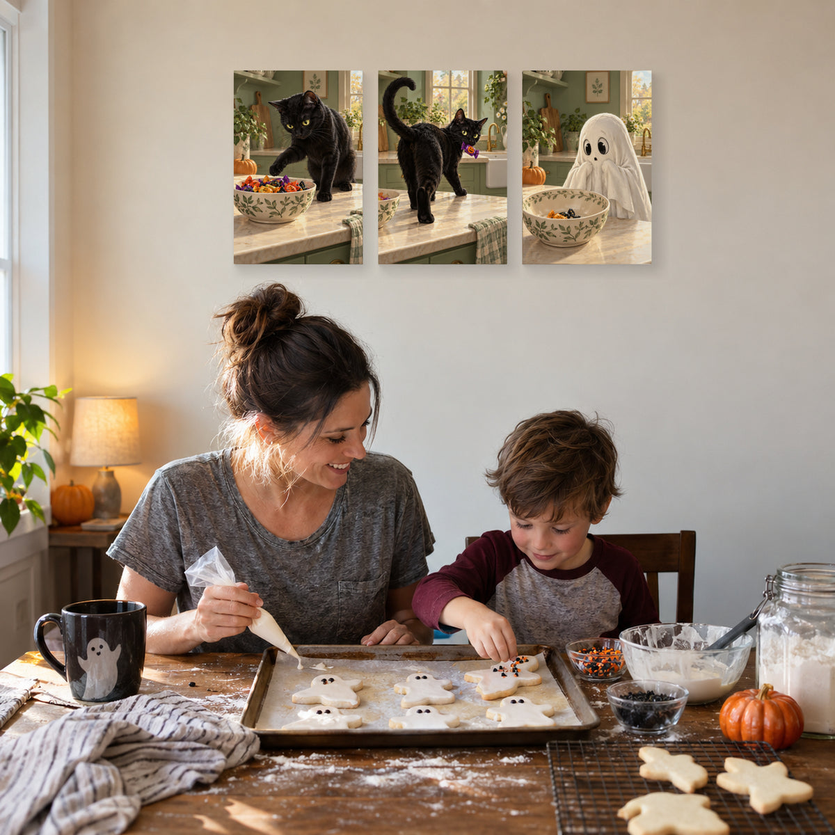 Black Cat Candy Thief canvas prints during family cookie decorating
