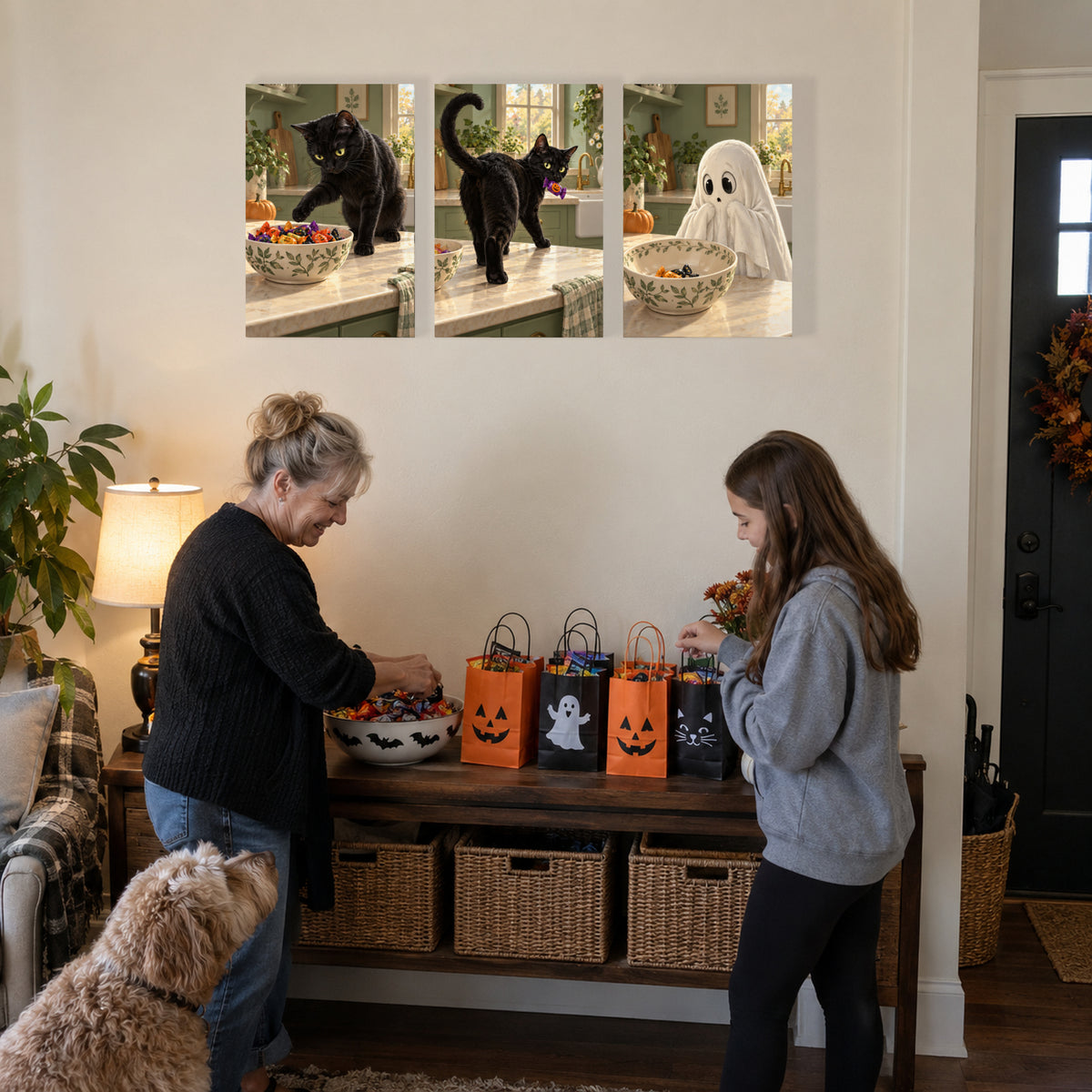 Black Cat Candy Thief canvas prints during trick or treat gift bag preparations