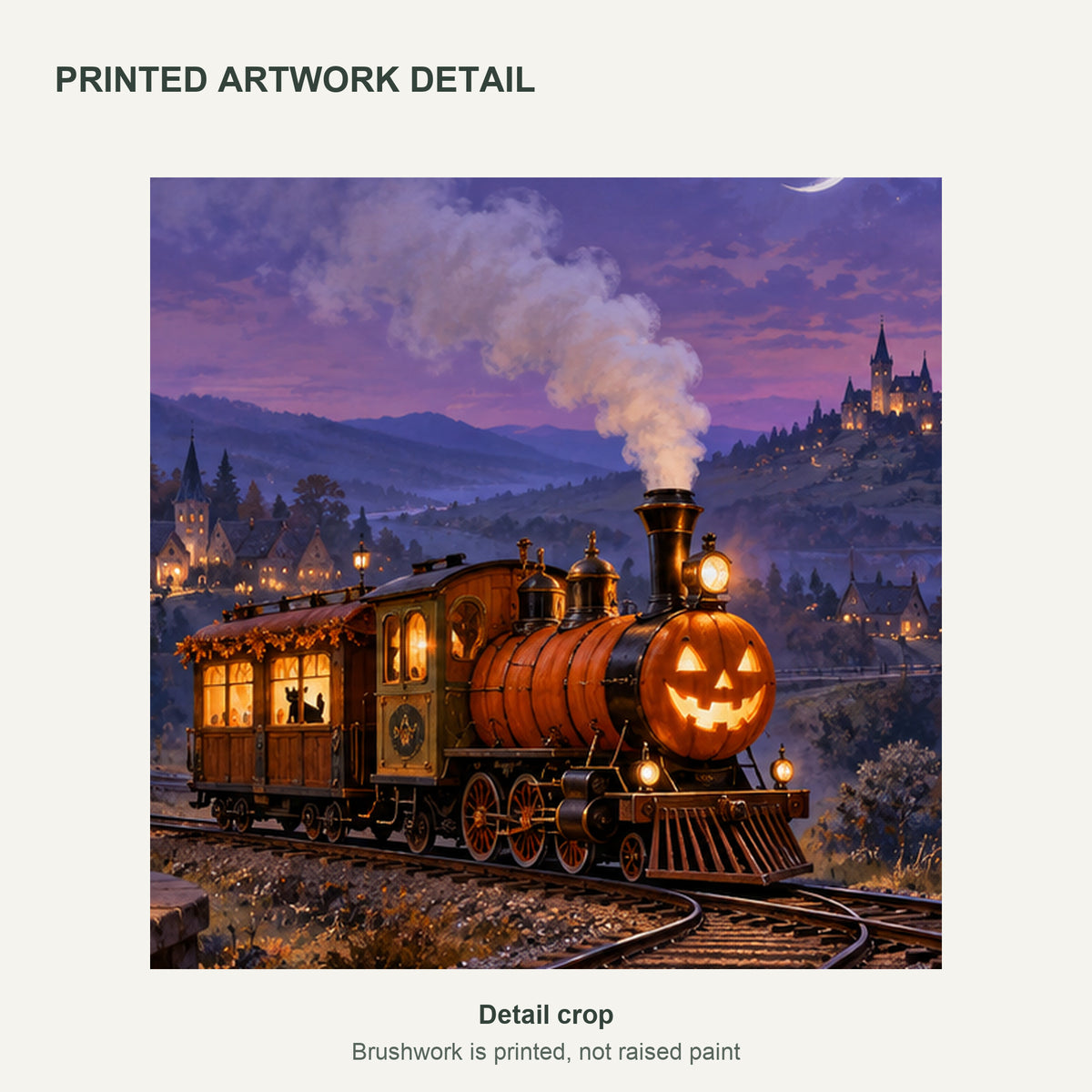 The Last Pumpkin Train — Halloween Canvas Wall Art Set of 3 — Detail crop of the printed artwork — image 05