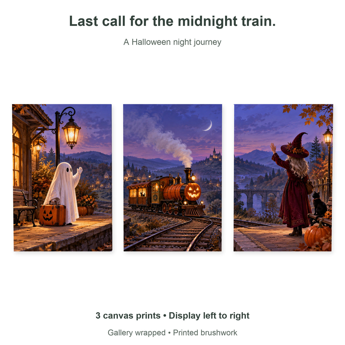 The Last Pumpkin Train — Halloween Canvas Wall Art Set of 3 — Artwork theme and included panel arrangement — image 09