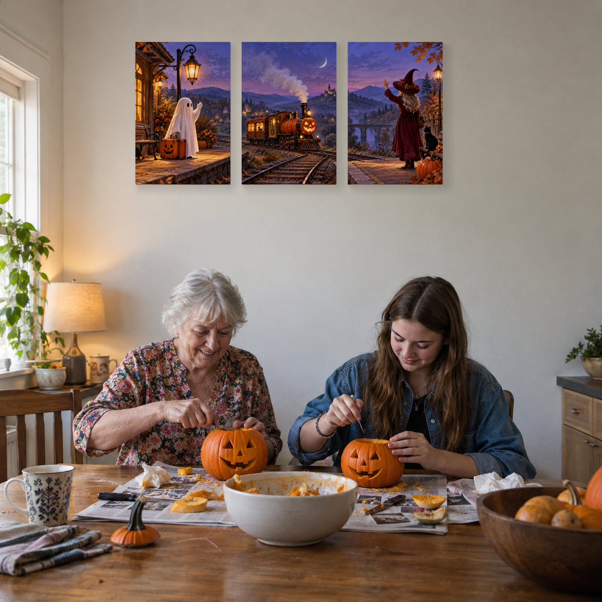 The Last Pumpkin Train canvas prints during family pumpkin carving