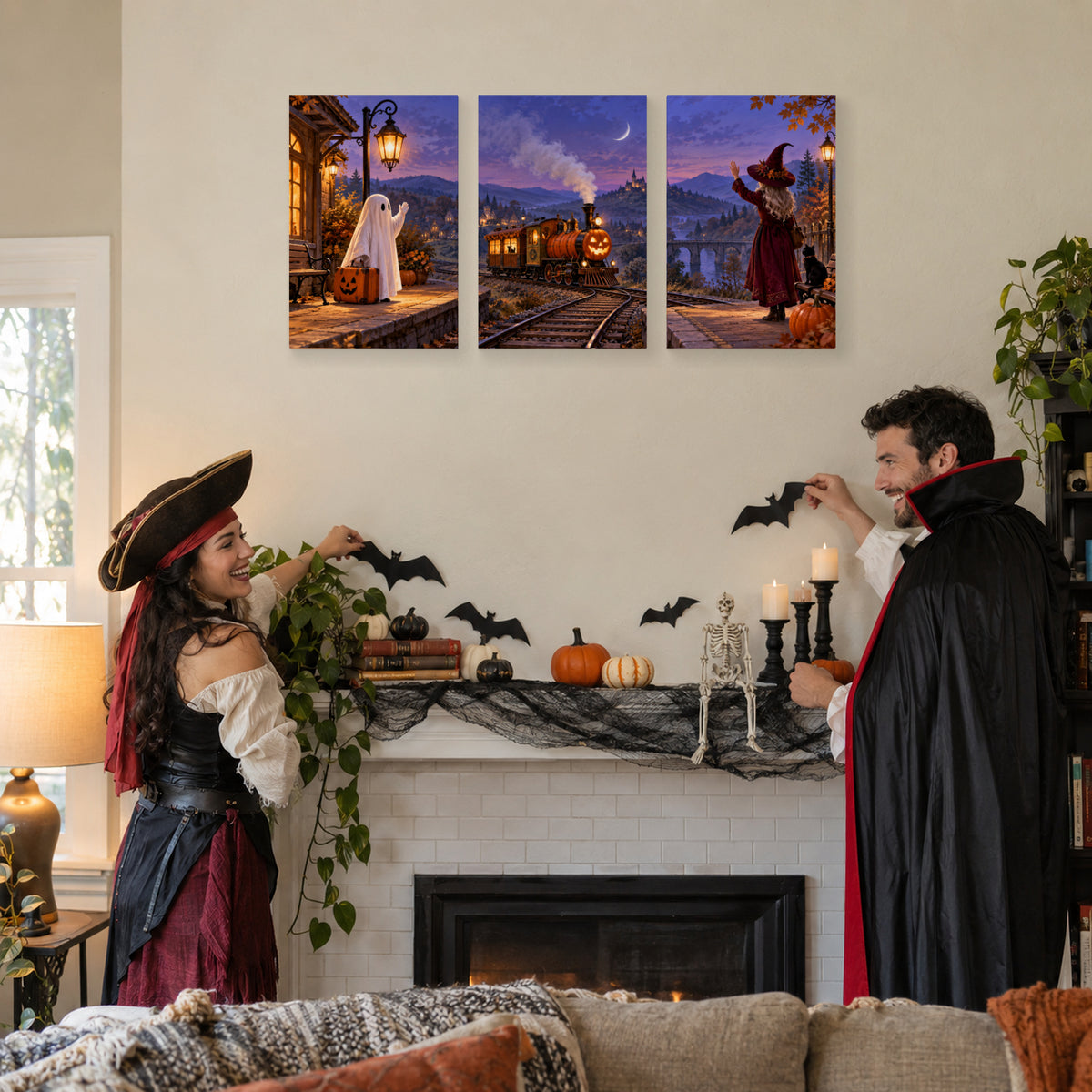 The Last Pumpkin Train canvas prints above a decorated Halloween fireplace
