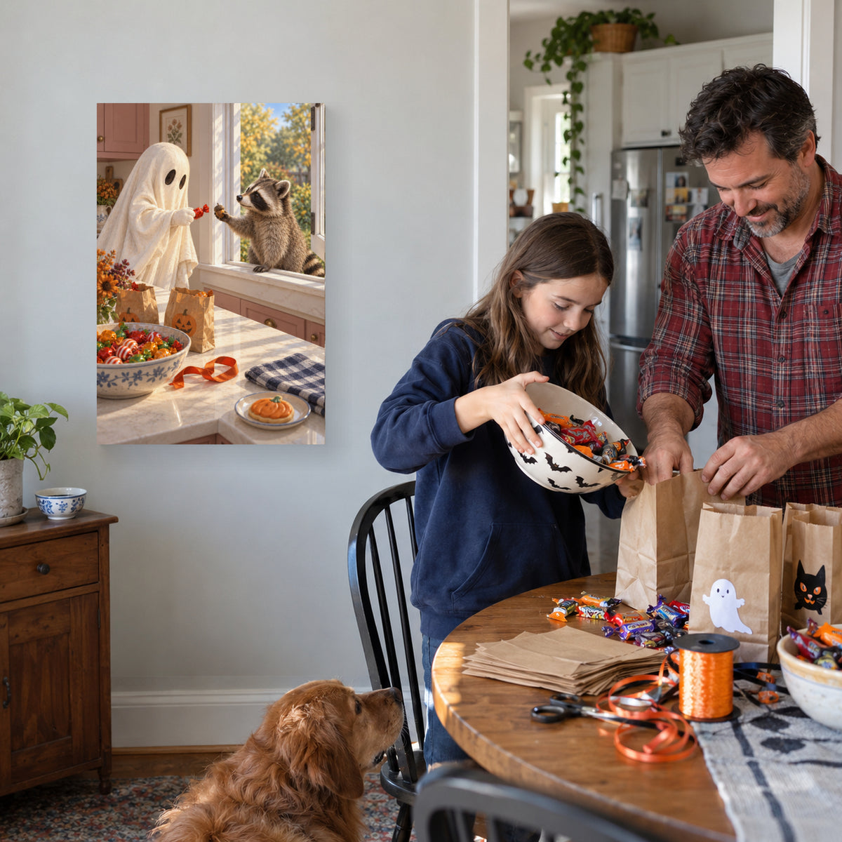 Candy for an Acorn canvas print in a family Halloween setting