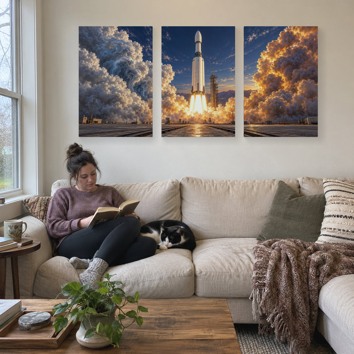 One Second Above Ground triptych canvas prints above a sofa during reading
