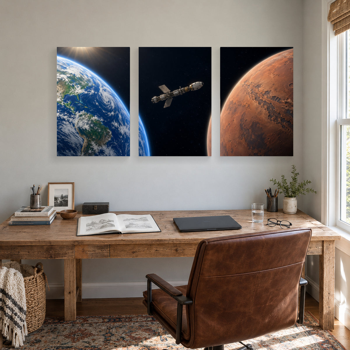 From Earth to Mars triptych canvas prints above a home office desk
