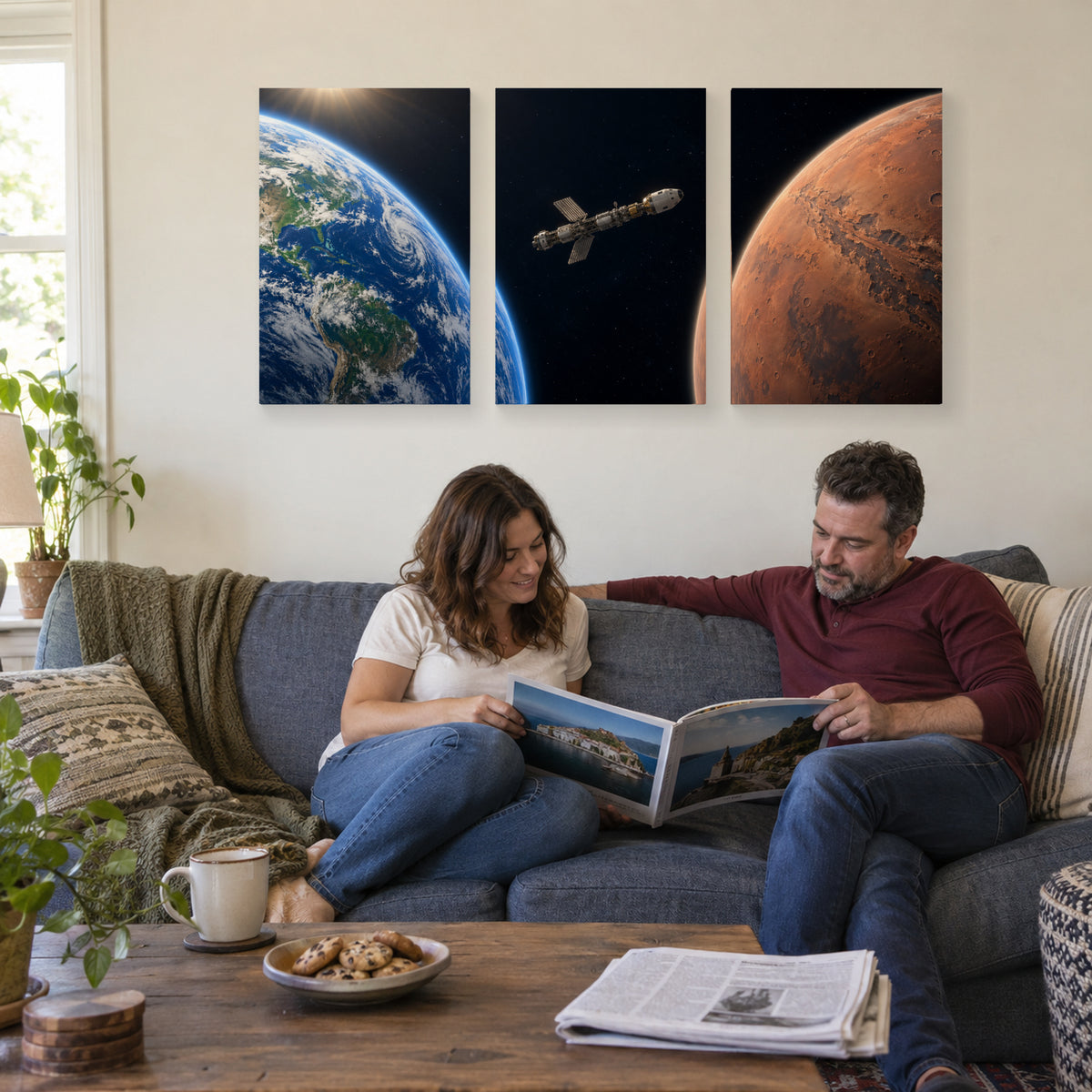 From Earth to Mars triptych canvas prints above a sofa