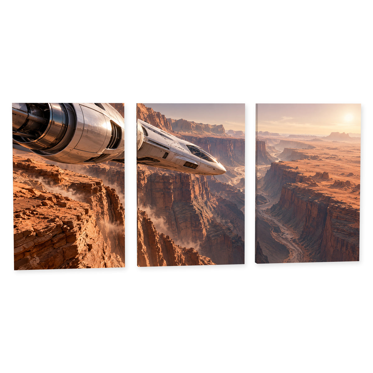 Skimming the Martian Canyon — Space Canvas Wall Art Set of 3 — Complete canvas print on a white background — image 02