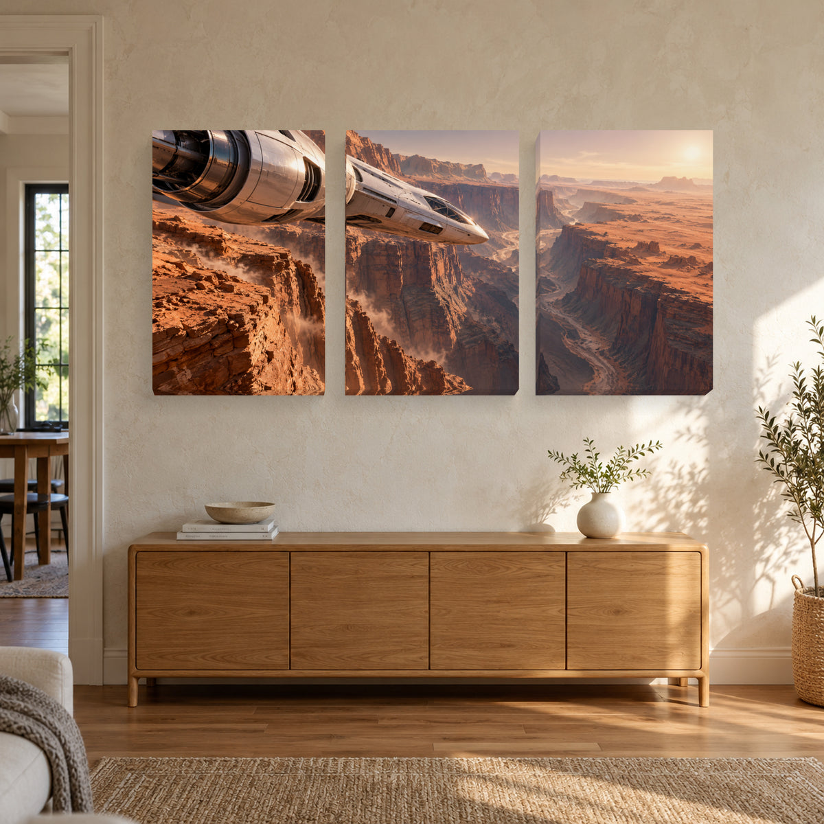 Skimming the Martian Canyon triptych canvas prints above a cabinet