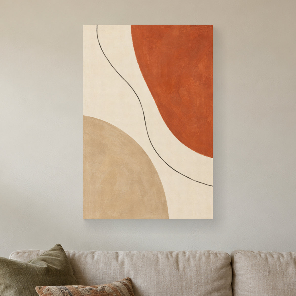 Warm Clay Balance canvas print on a wall above a sofa in natural light