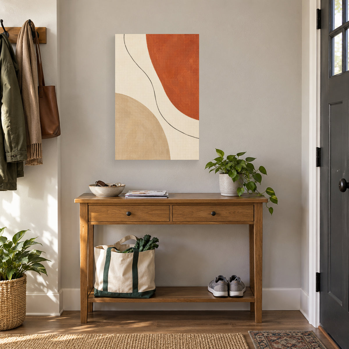 Warm Clay Balance canvas print in a home entryway