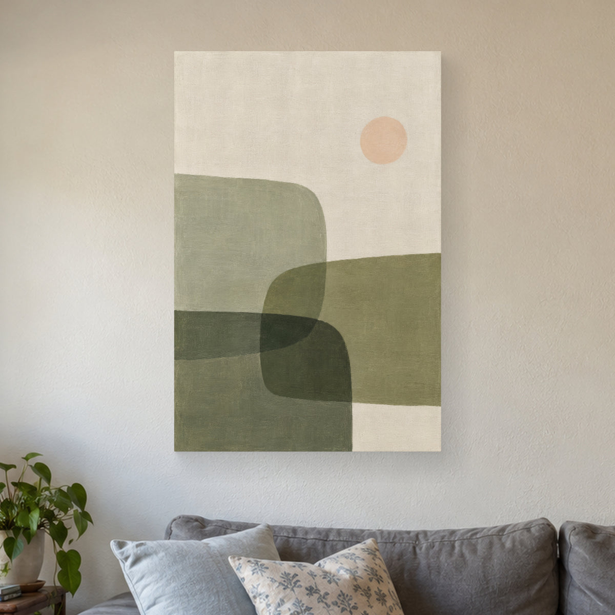 Sage Overlap canvas print on a wall above a sofa in natural light