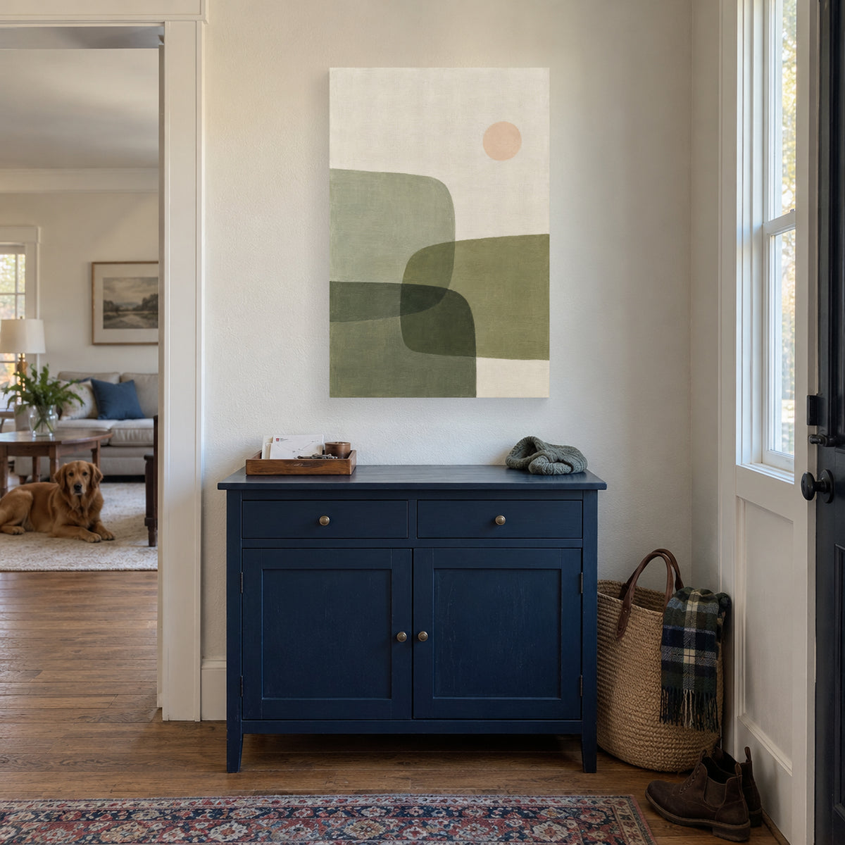 Sage Overlap canvas print in a home entryway