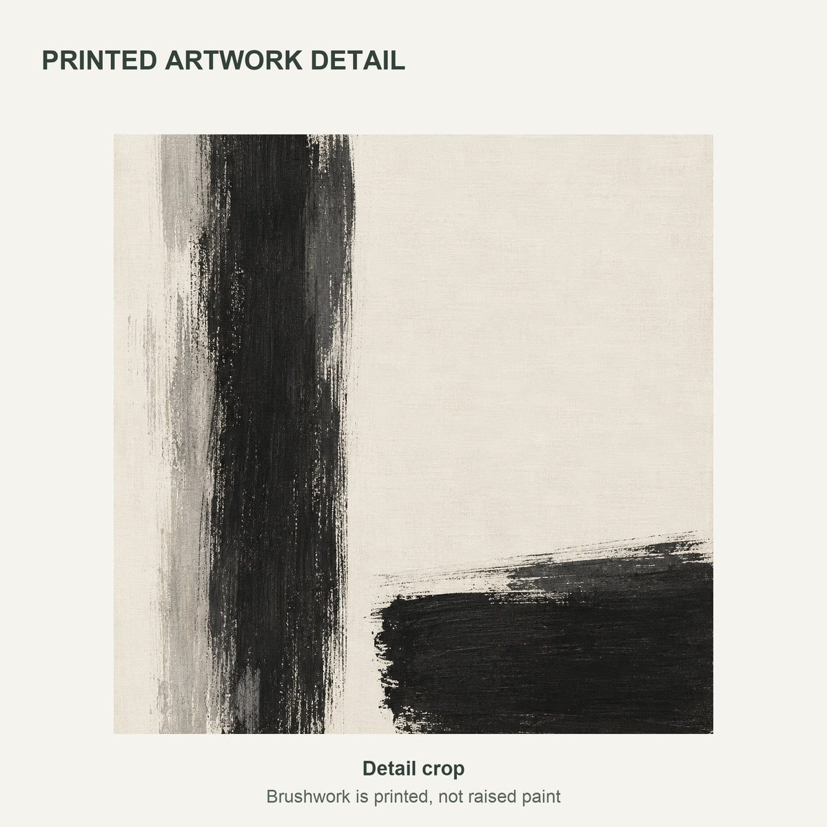 Between the Strokes — Abstract Canvas Wall Art — black and ivory minimalist brushwork — Close-up of the printed artwork — image 06