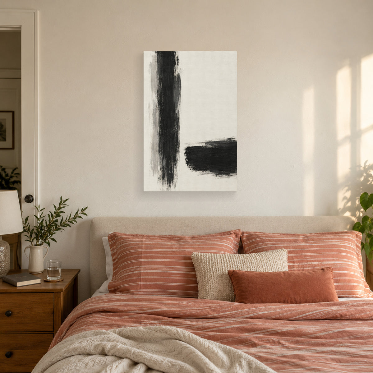 Between the Strokes canvas print displayed above a bed