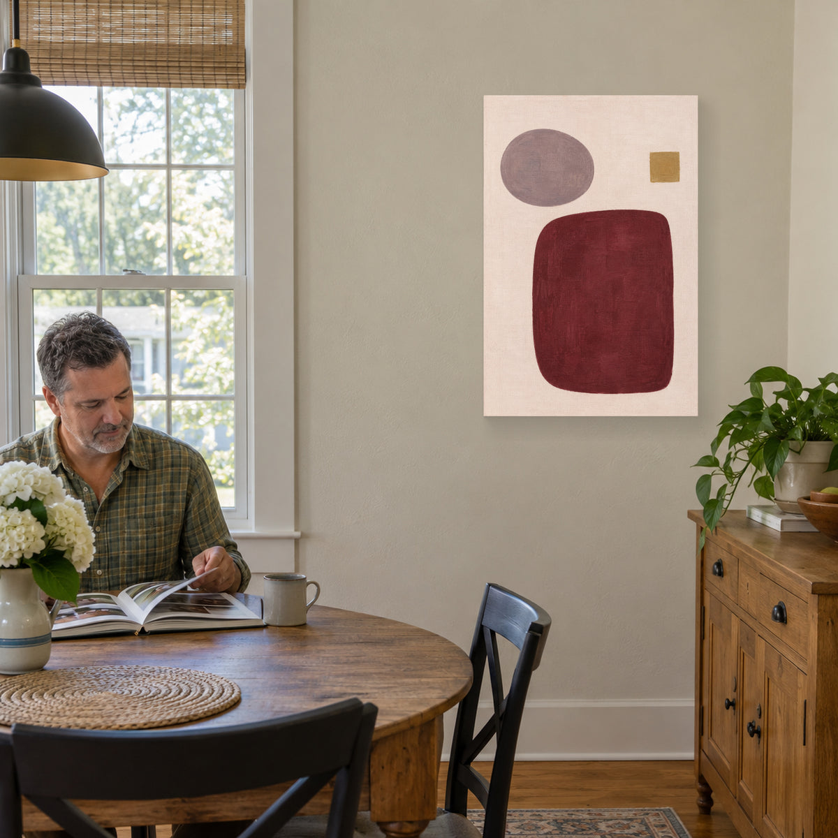 Burgundy Order canvas print in a family reading corner