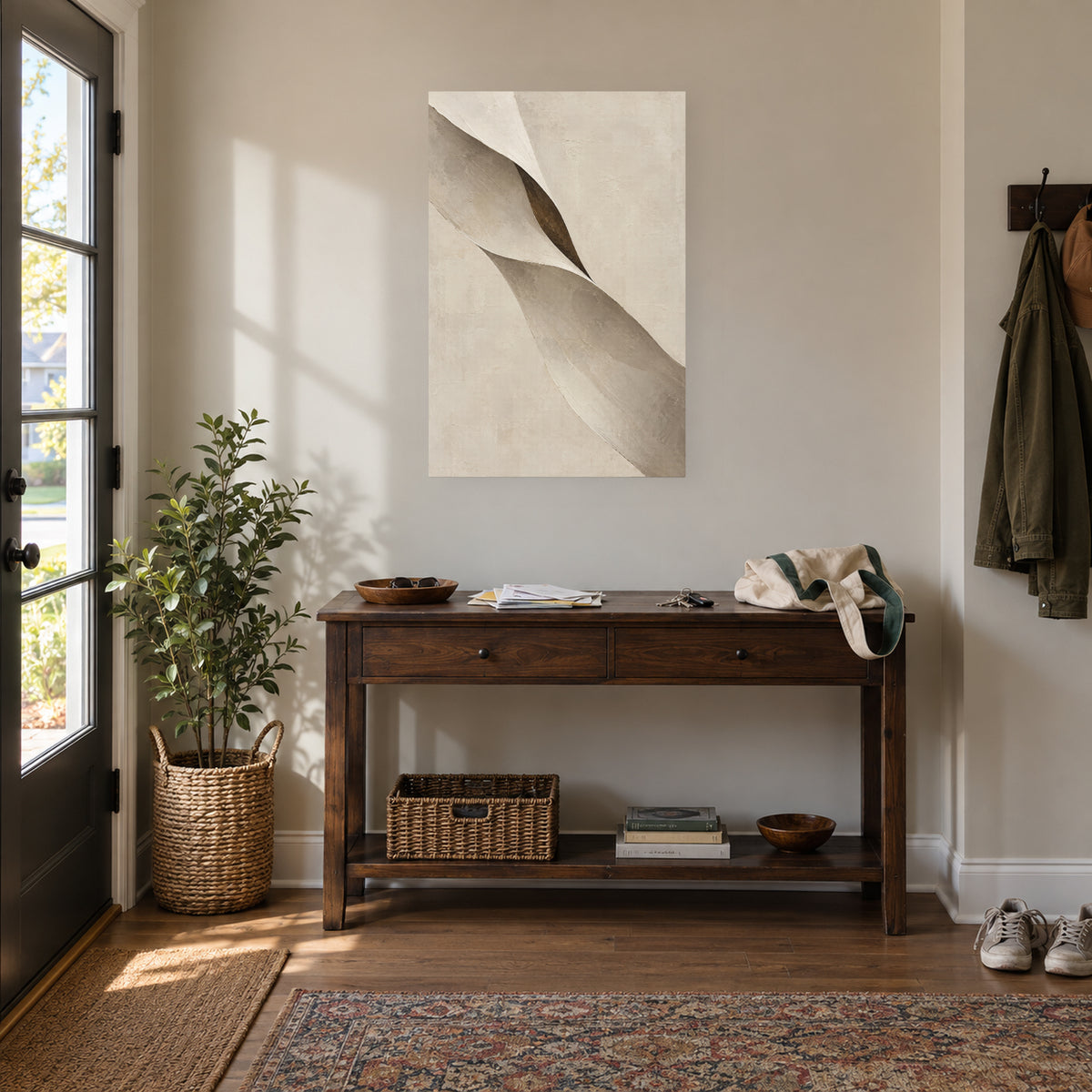 Limestone Folds — Abstract Canvas Wall Art — ivory and taupe folded forms — canvas displayed during collecting mail at the entryway — image 05