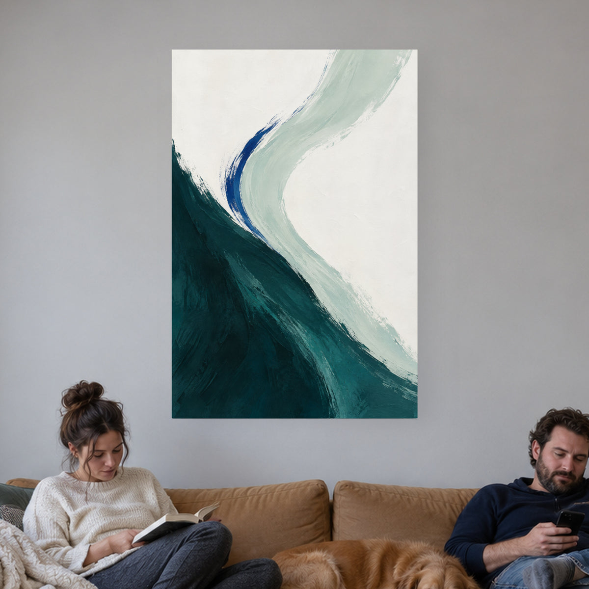 Tidal Teal — Abstract Canvas Wall Art — petrol teal and sea-glass curves — complete gallery-wrapped canvas in a naturally lit home — image 01