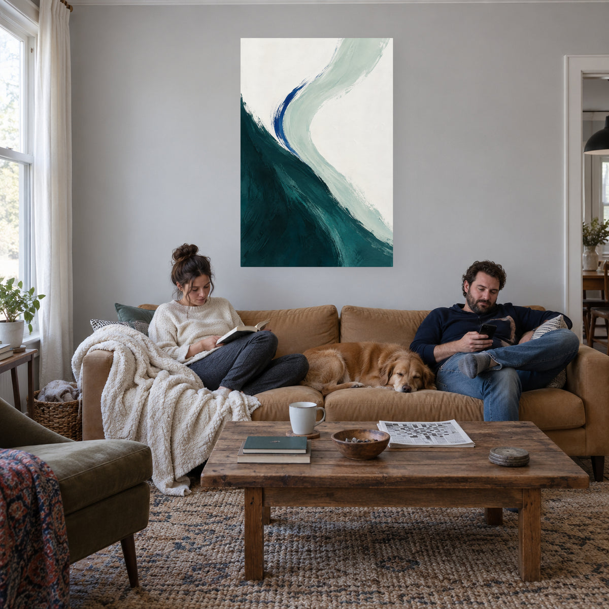 Tidal Teal — Abstract Canvas Wall Art — petrol teal and sea-glass curves — canvas displayed during an everyday home activity — image 03