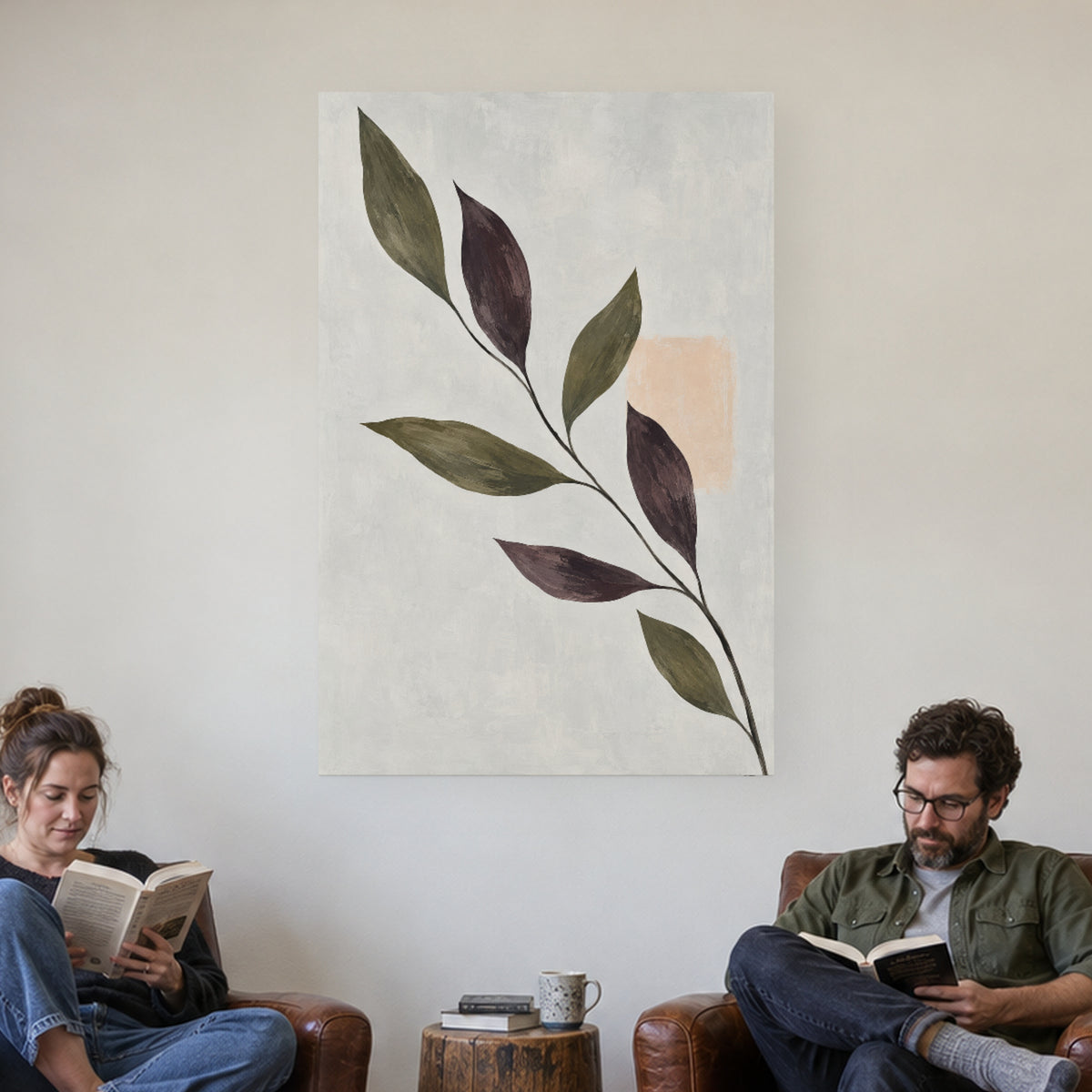 Olive Branch Shadows — Abstract Canvas Wall Art — olive botanical silhouettes — complete gallery-wrapped canvas in a naturally lit home — image 01