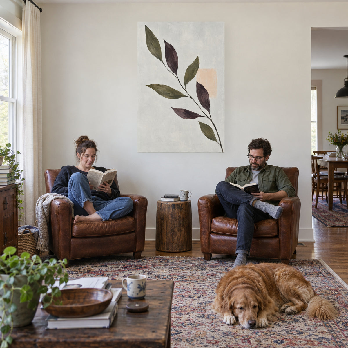 Olive Branch Shadows — Abstract Canvas Wall Art — olive botanical silhouettes — canvas displayed during an everyday home activity — image 03