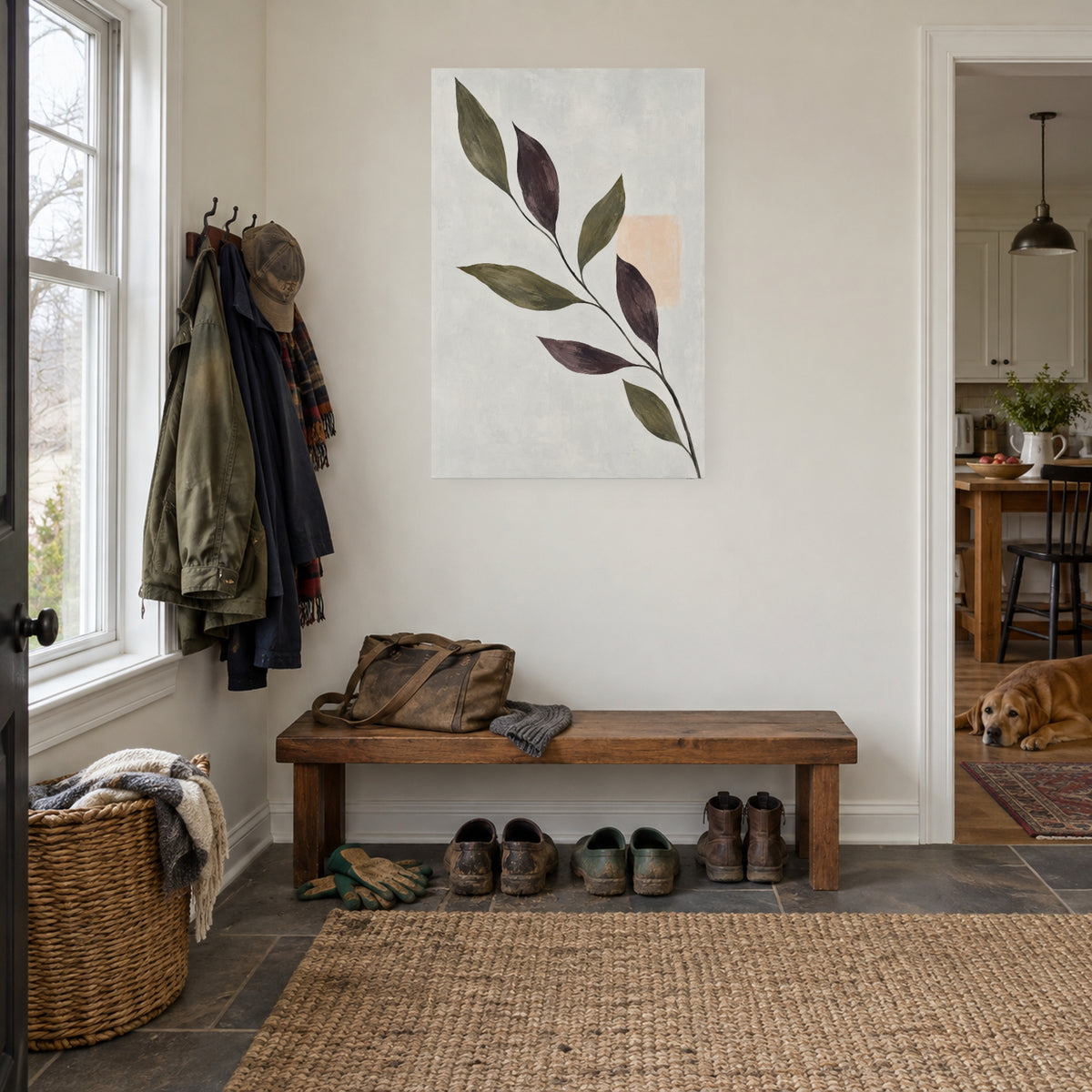 Olive Branch Shadows — Abstract Canvas Wall Art — olive botanical silhouettes — canvas displayed during an everyday home activity — image 05