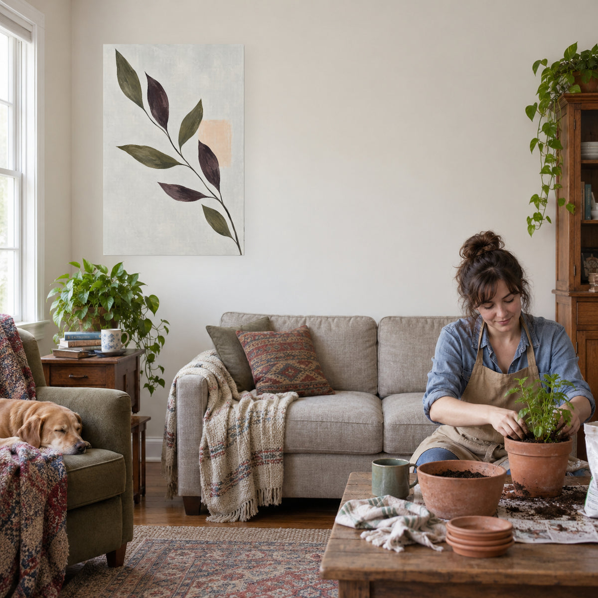 Olive Branch Shadows — Abstract Canvas Wall Art — olive botanical silhouettes — canvas displayed during an everyday home activity — image 09