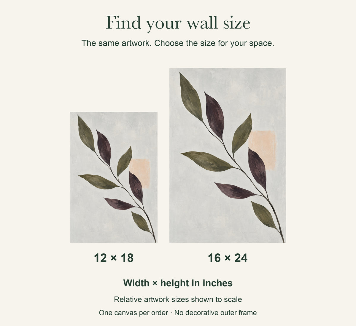 Olive Branch Shadows — Abstract Canvas Wall Art — artwork size comparison, width × height in inches — Image 11