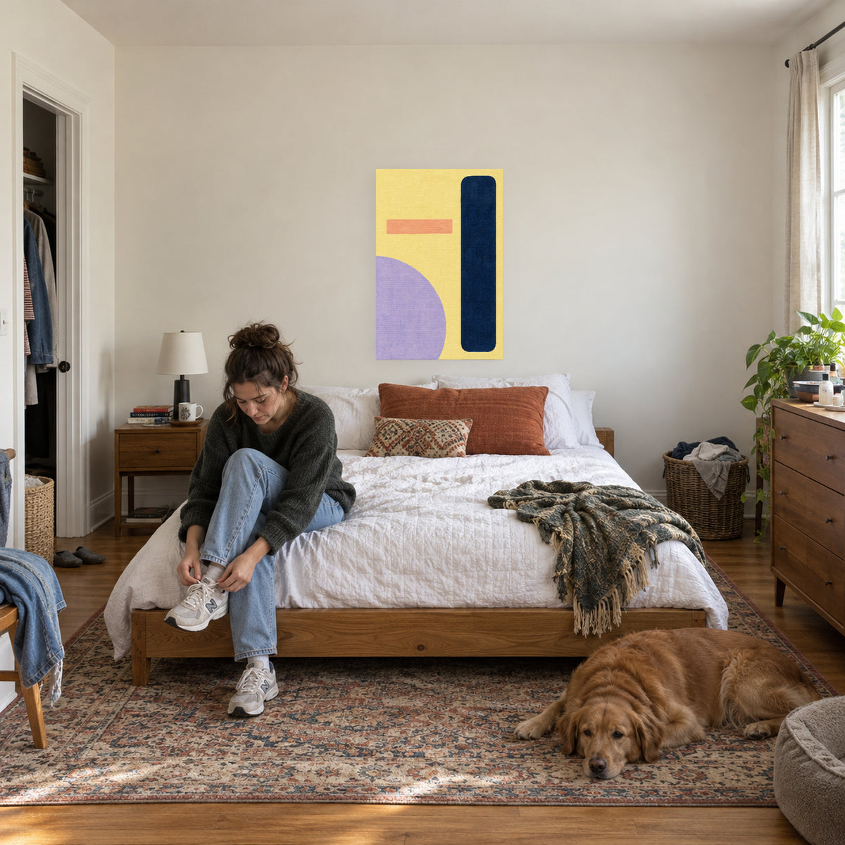 Butter Yellow Rhythm — Abstract Canvas Wall Art — butter yellow, navy and lavender geometric forms — canvas displayed during bedroom everyday routine — image 04