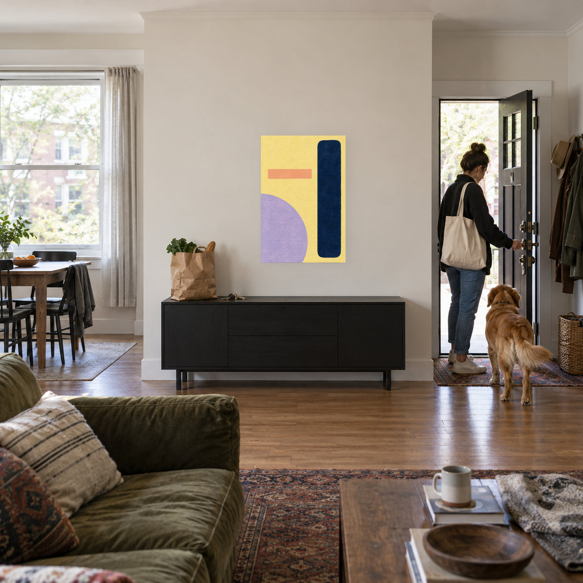 Butter Yellow Rhythm — Abstract Canvas Wall Art — butter yellow, navy and lavender geometric forms — canvas displayed during an everyday home activity — image 05