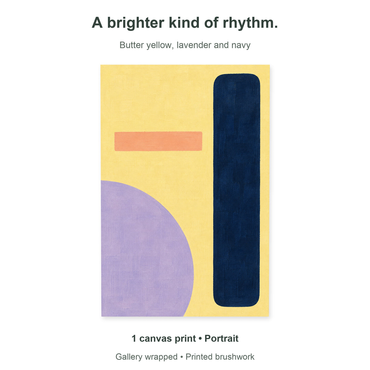 Butter Yellow Rhythm — Abstract Canvas Wall Art — butter yellow, navy and lavender geometric forms — single portrait canvas overview — image 10