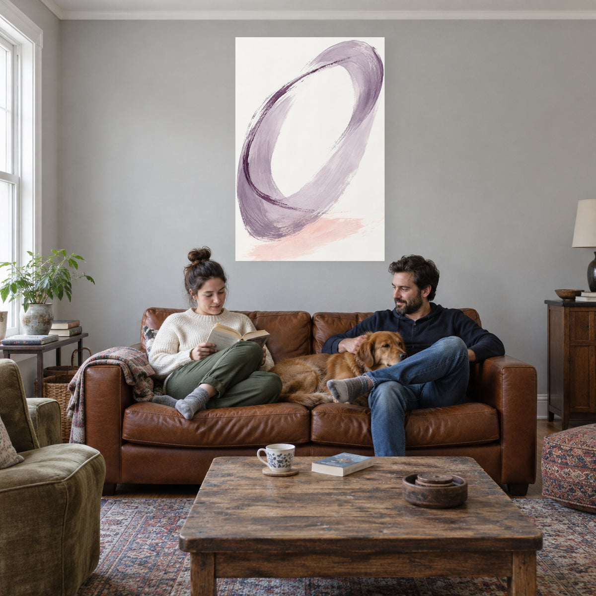 Lilac Loop — Abstract Canvas Wall Art — lilac and plum gestural brushwork — canvas displayed during an everyday home activity — image 03