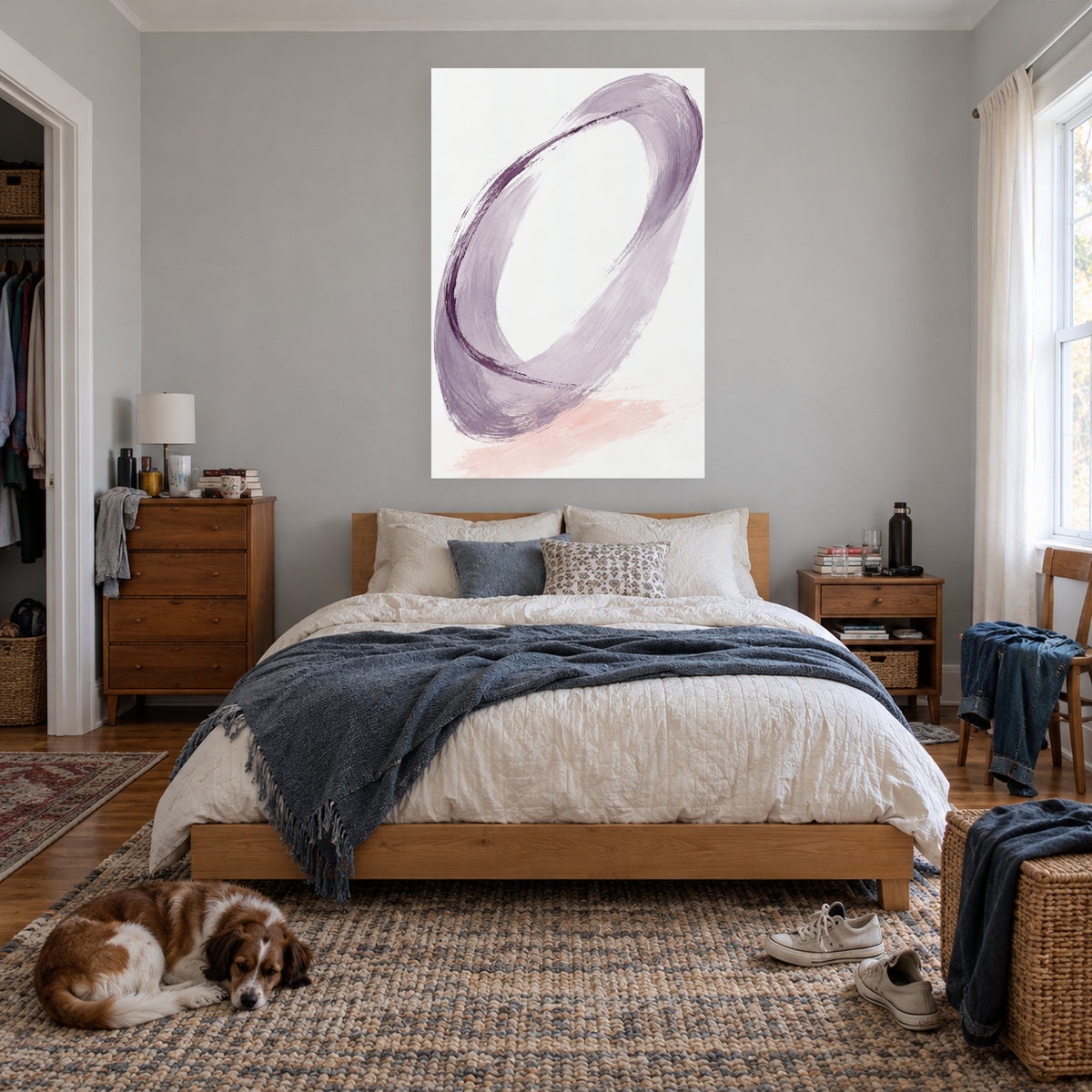 Lilac Loop — Abstract Canvas Wall Art — lilac and plum gestural brushwork — canvas displayed during bedroom everyday routine — image 04