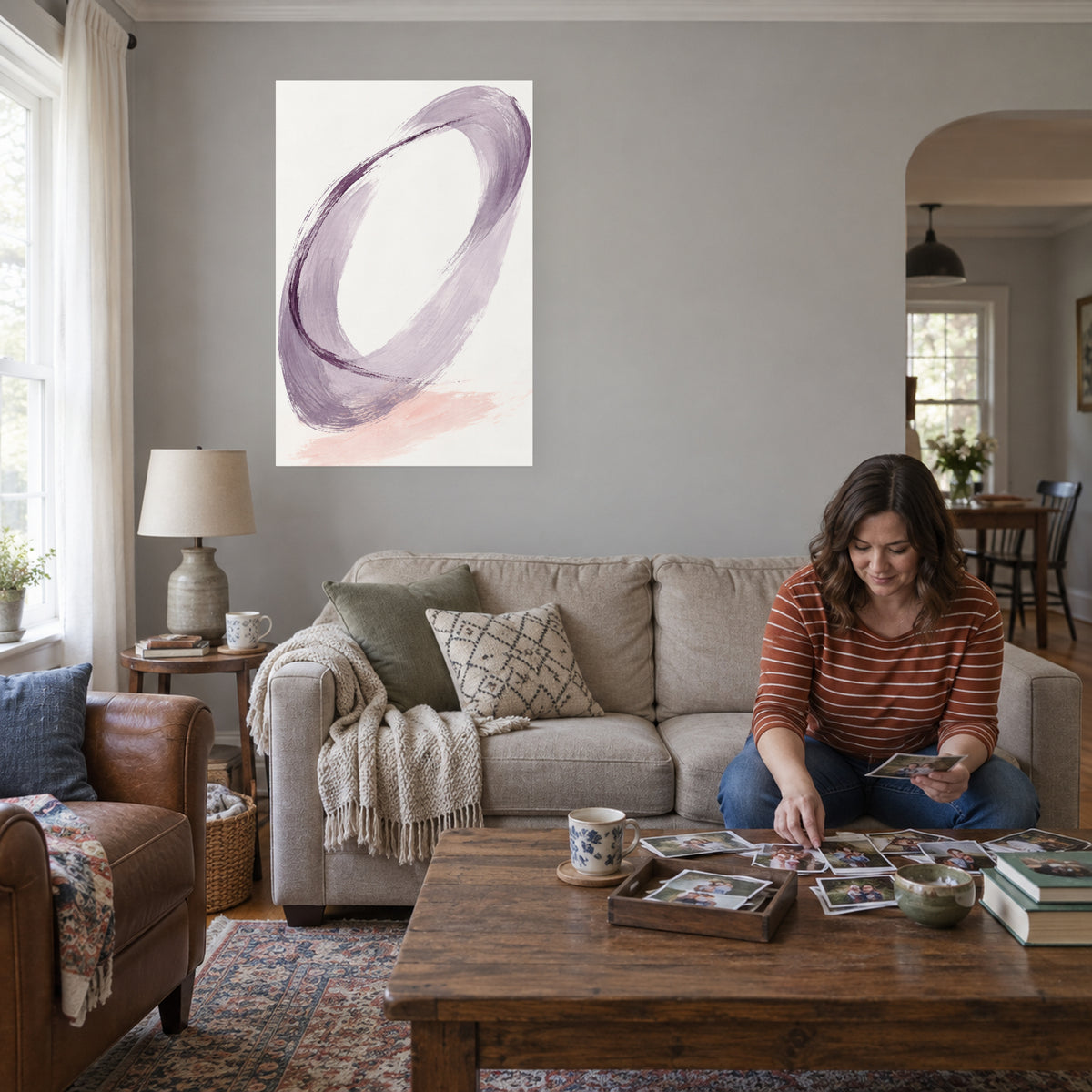 Lilac Loop — Abstract Canvas Wall Art — lilac and plum gestural brushwork — canvas displayed during an everyday home activity — image 09