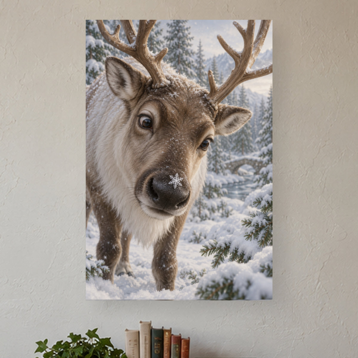 Snowflake on the Nose — Christmas Portrait Canvas Wall Art, Single, Unframed — complete unframed canvas artwork in a close lifestyle view; styling props not included