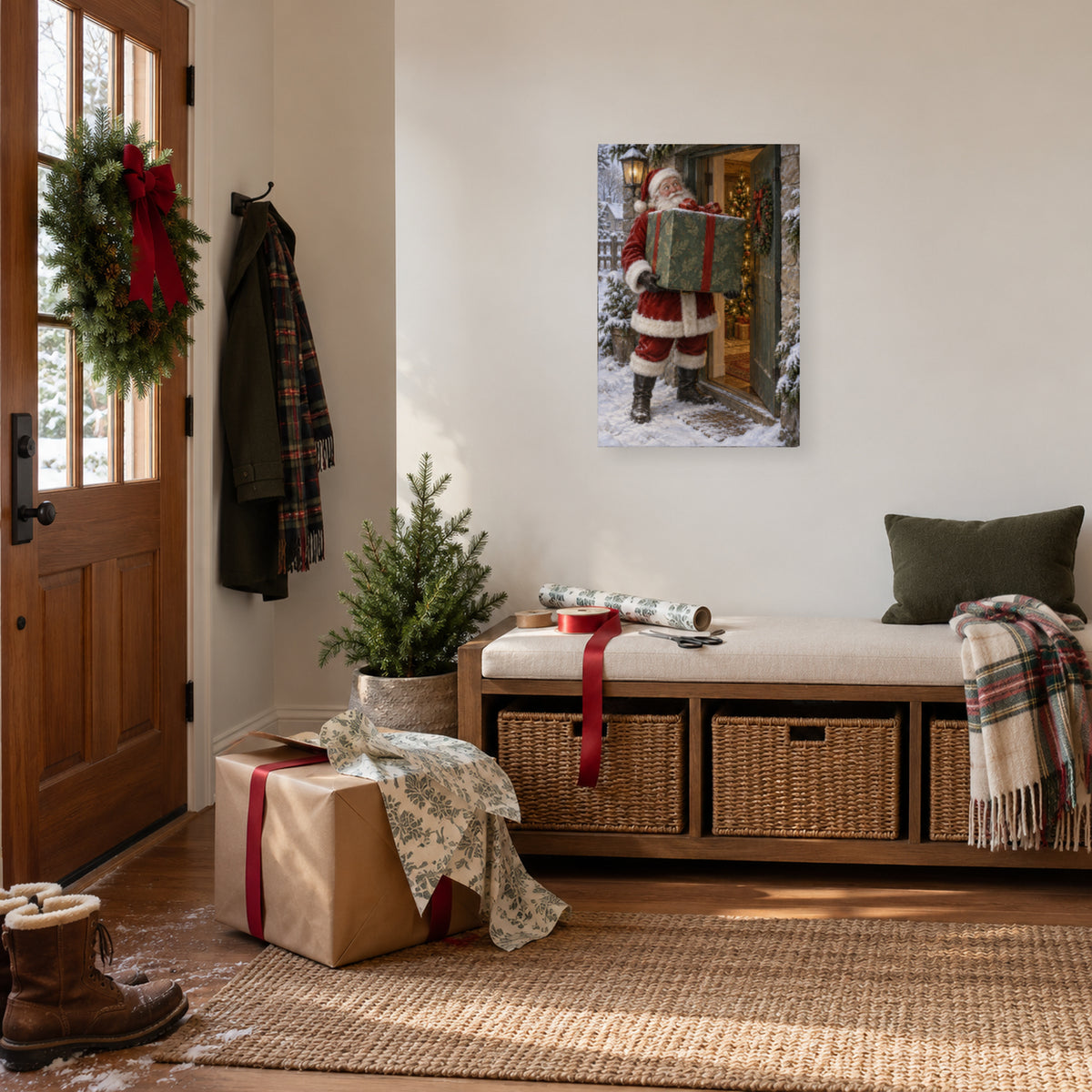 Small Door, Big Gift — Christmas Portrait Canvas Wall Art, Single, Unframed — Lifestyle view 1