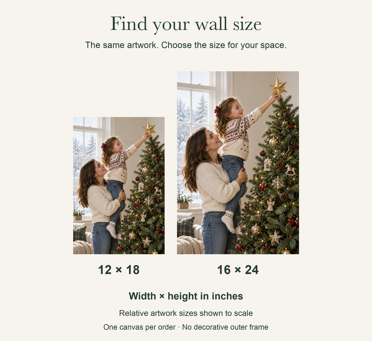 The Star Is Finally Home — Christmas Portrait Canvas Wall Art, Single, Unframed — artwork size comparison, width × height in inches — Image 9