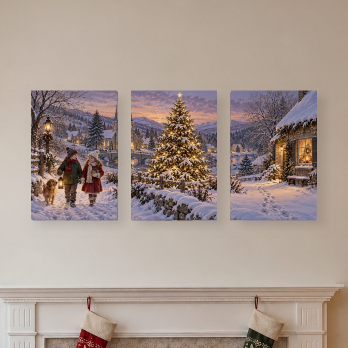 The Tree That Lit Up Winter — Christmas Panel Set Canvas Wall Art, 3-Piece, Unframed — complete unframed canvas artwork in a close lifestyle view; styling props not included