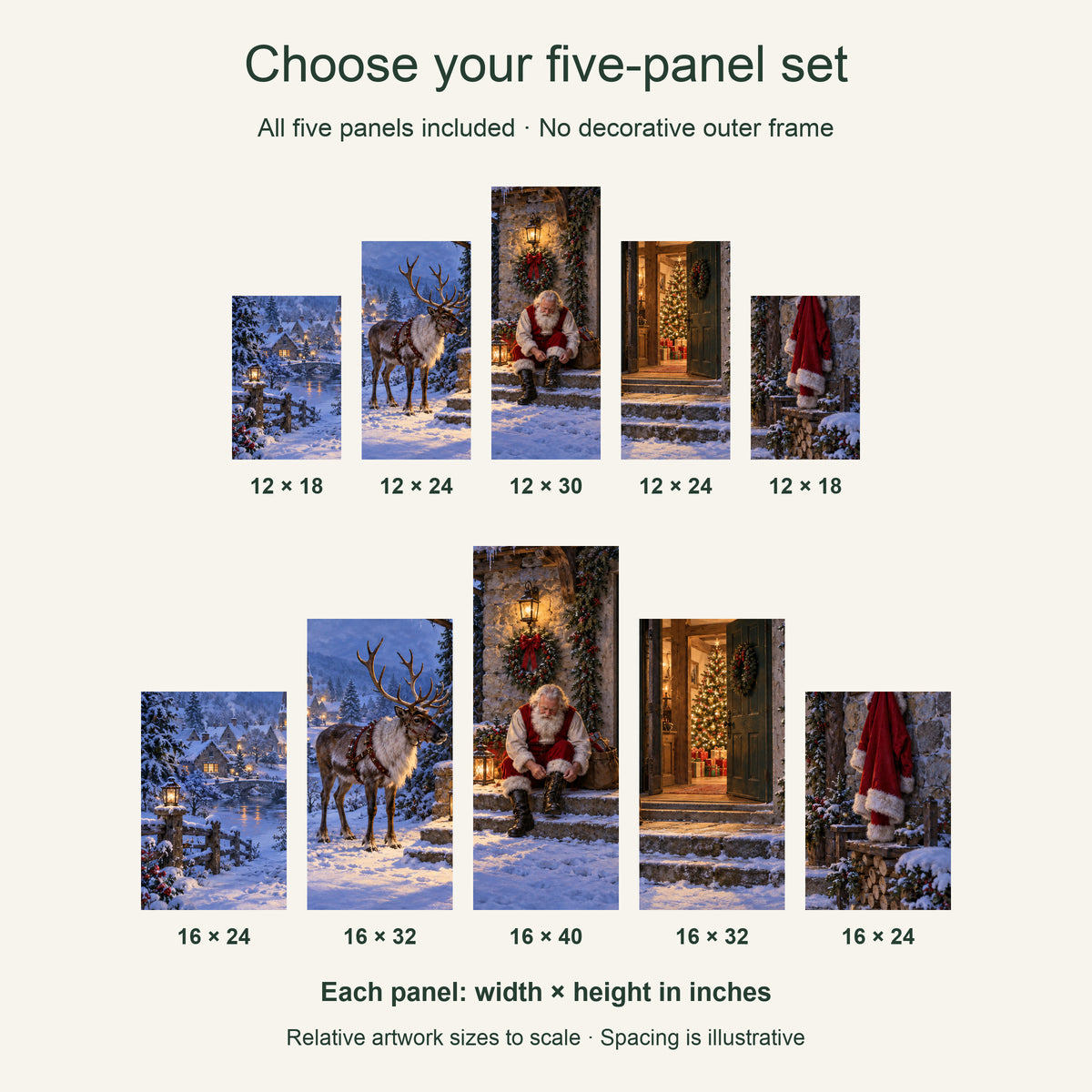One Minute Before Departure — Christmas Panel Set Canvas Wall Art, 5-Piece, Unframed — artwork size comparison, width × height in inches, five-panel set, individual panel dimensions — Image 9