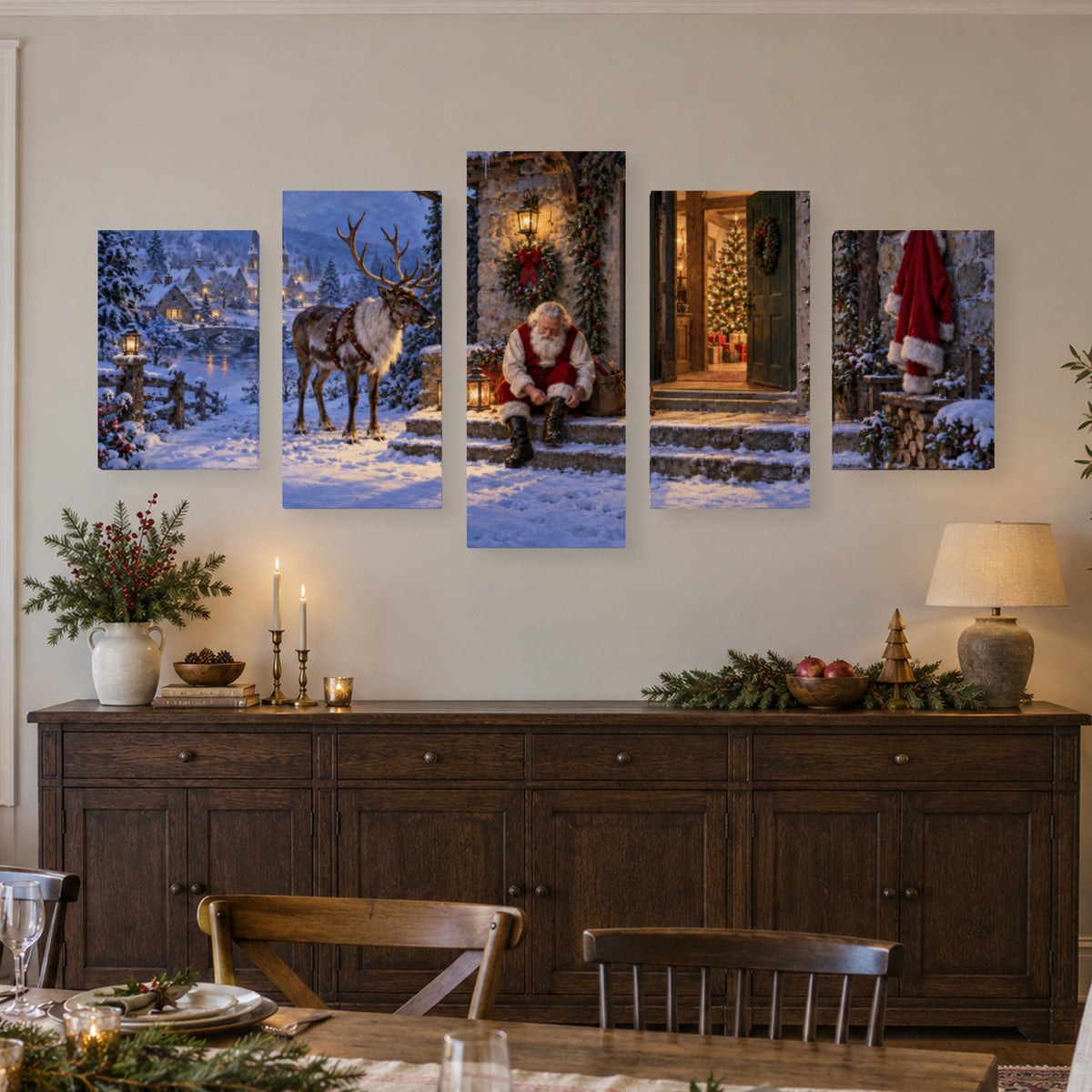 One Minute Before Departure — Christmas Panel Set Canvas Wall Art, 5-Piece, Unframed — complete unframed canvas artwork in a close lifestyle view; styling props not included