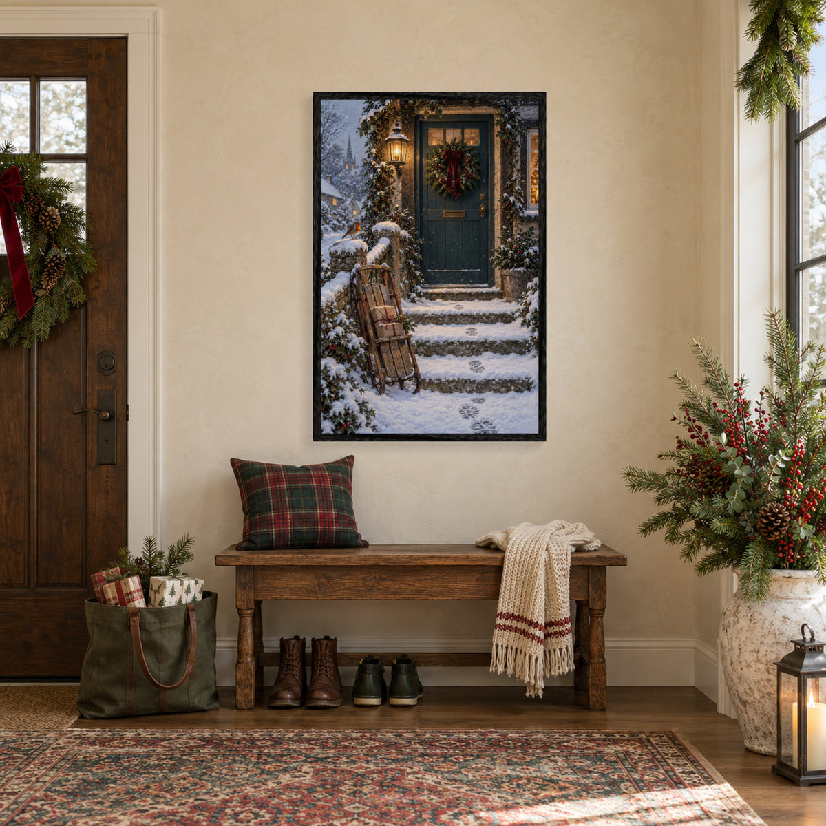 Snowy Homecoming — Black Wood Framed Christmas Canvas Wall Art — Holiday lifestyle scene 1 — Image 2
