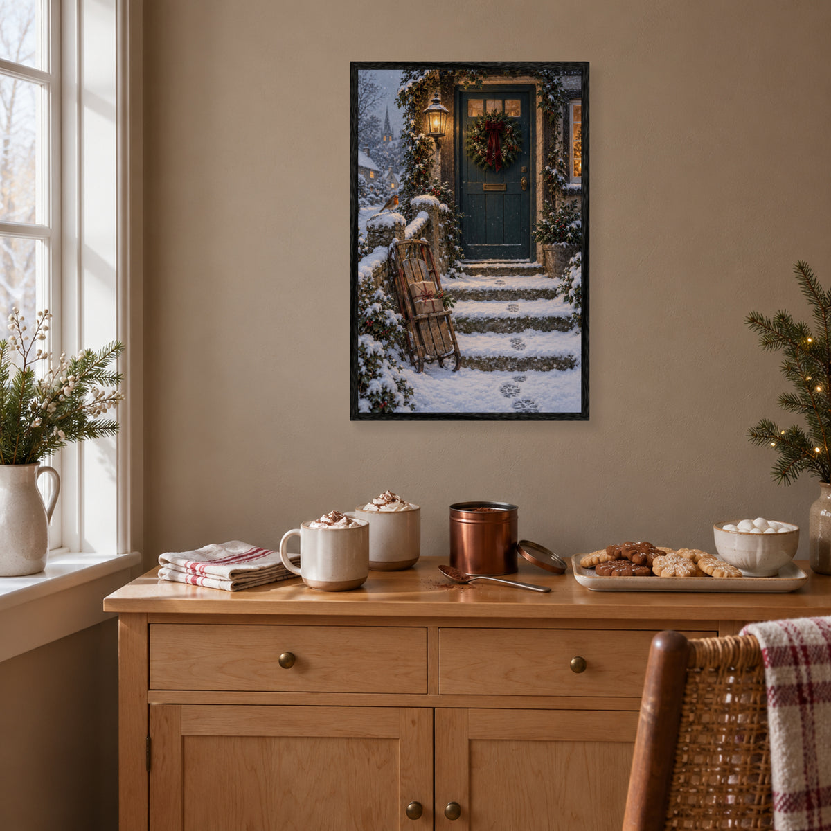 Snowy Homecoming — Black Wood Framed Christmas Canvas Wall Art — Holiday lifestyle scene 2 — Image 3