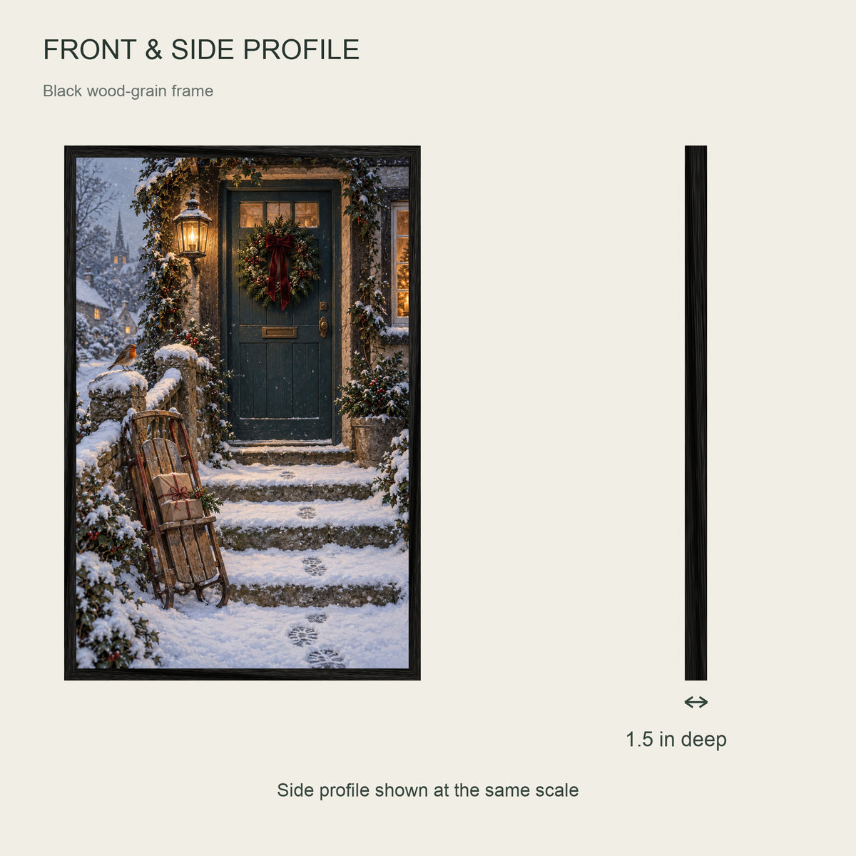 Snowy Homecoming — Black Wood Framed Christmas Canvas Wall Art — Front and side profile — Image 6
