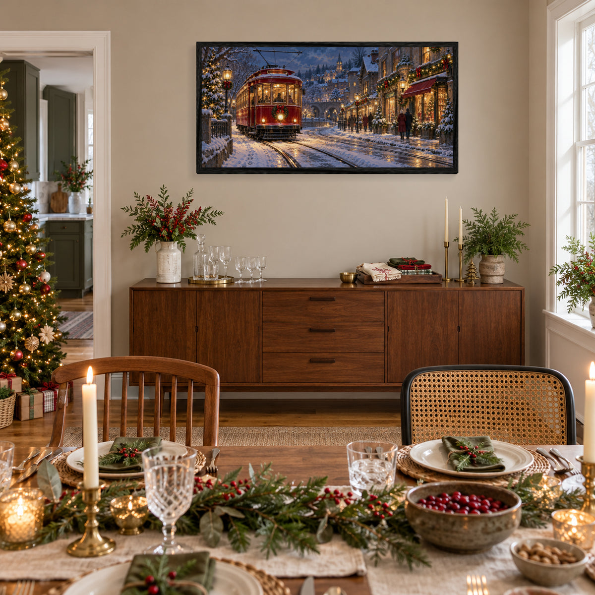 The Christmas Streetcar — Black Wood Framed Christmas Canvas Wall Art — Holiday lifestyle scene 1 — Image 2