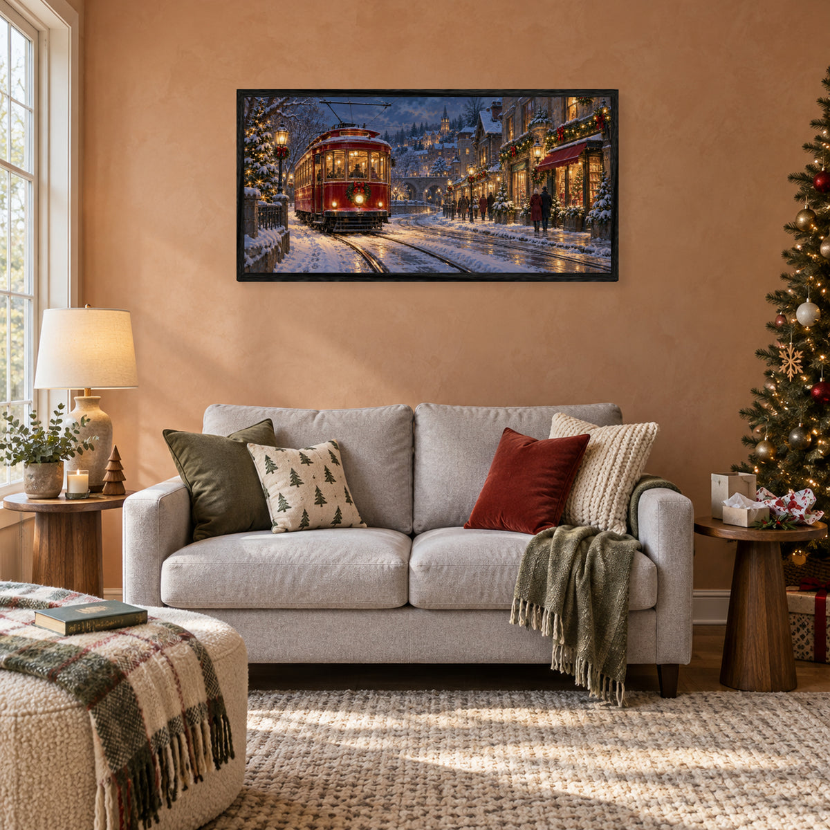 The Christmas Streetcar — Black Wood Framed Christmas Canvas Wall Art — Holiday lifestyle scene 3 — Image 4