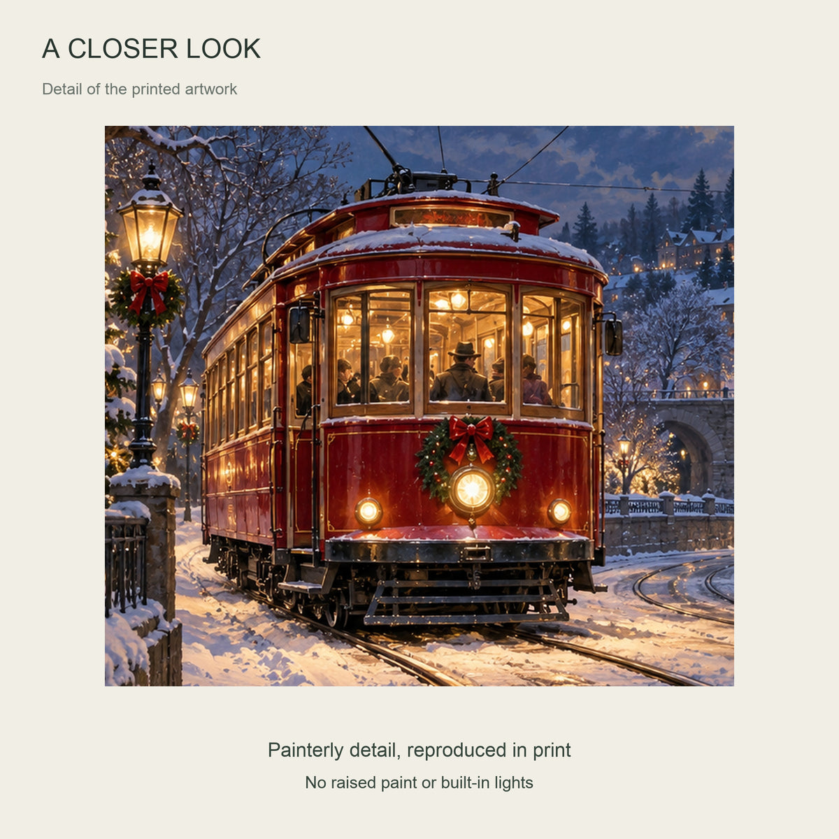 The Christmas Streetcar — Black Wood Framed Christmas Canvas Wall Art — Printed artwork detail — Image 5