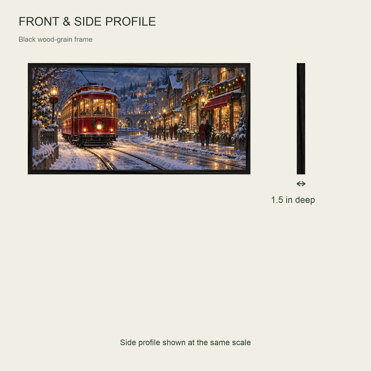 The Christmas Streetcar — Black Wood Framed Christmas Canvas Wall Art — Front and side profile — Image 6